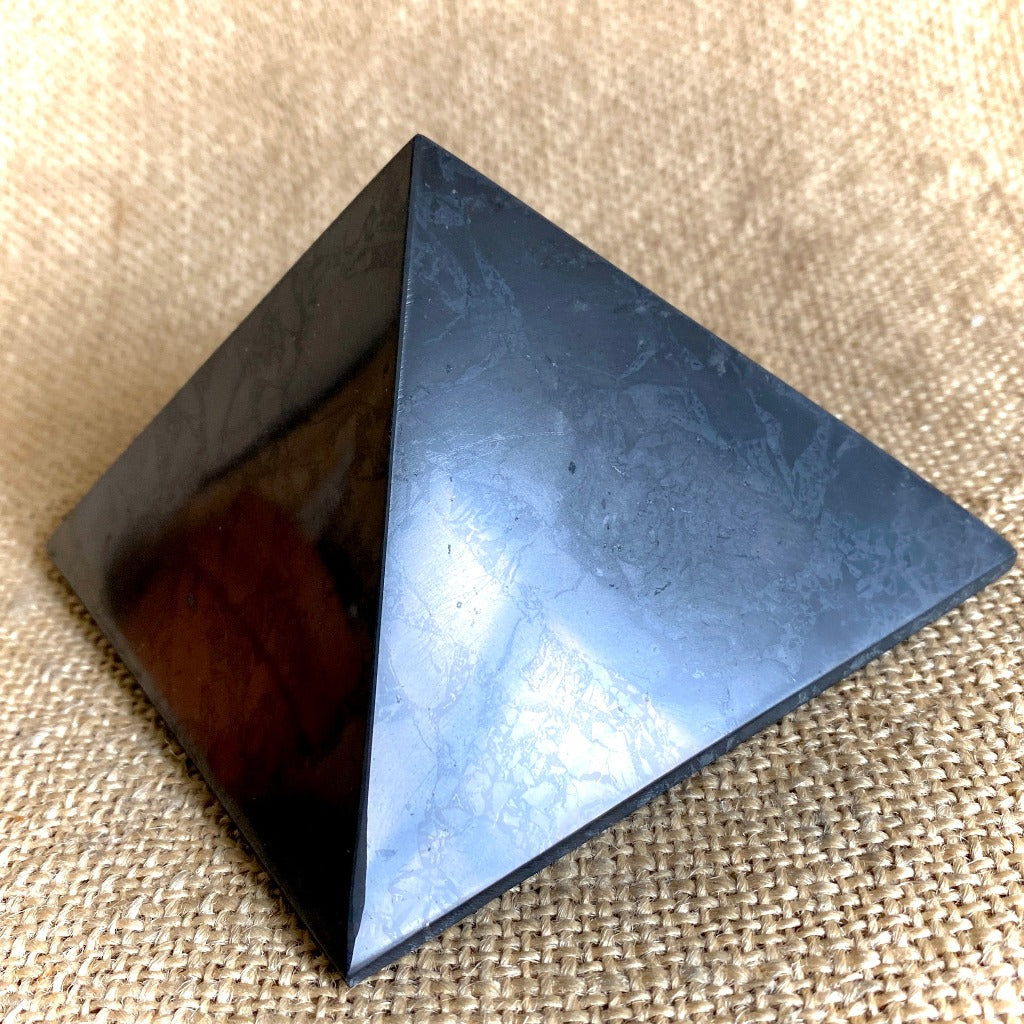 Shungite Pyramid, 4 Inch Base, Custom Mahogany Stand