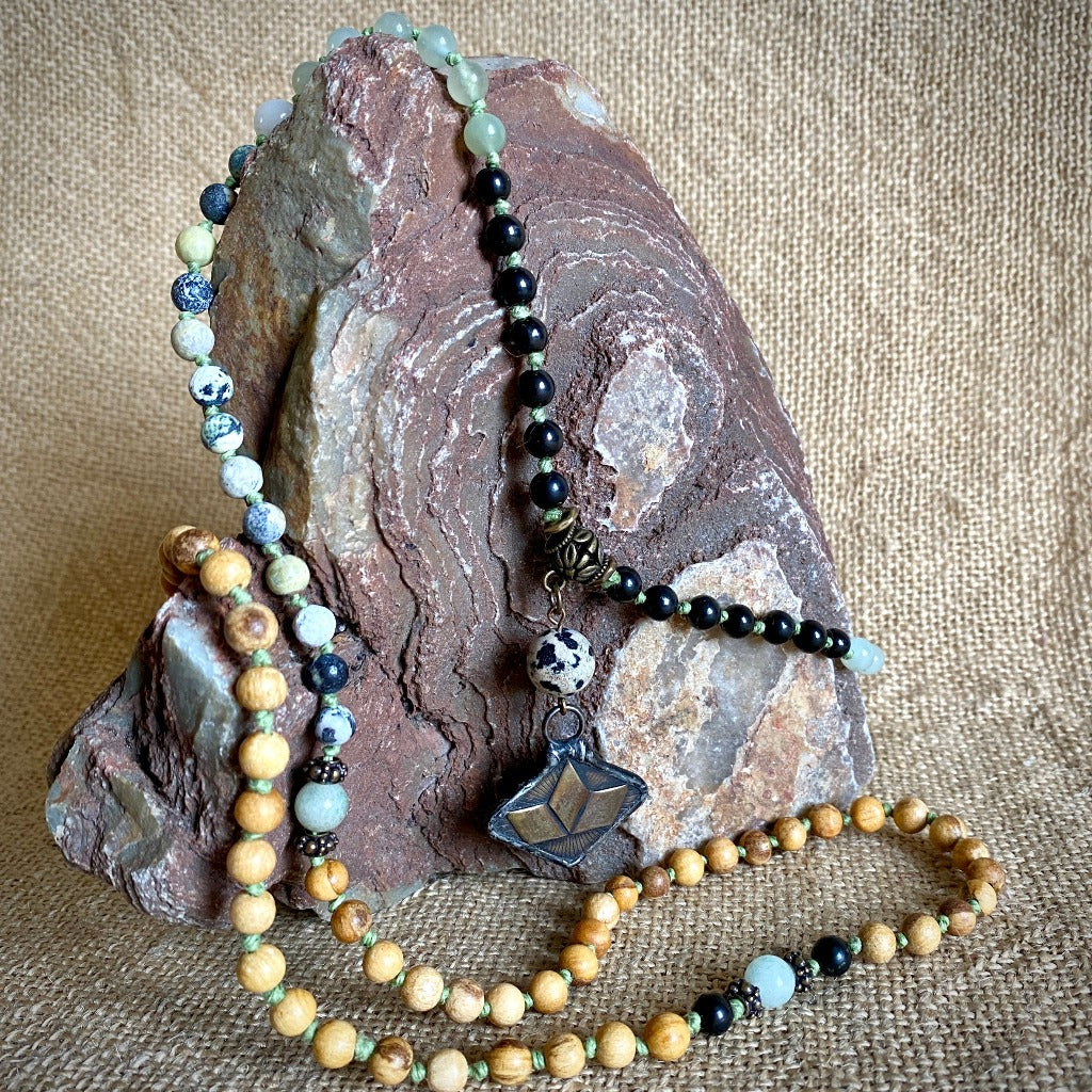 Shungite Bead Mala with Aventurine, Dalmatian Stone, Palo Santo Wood