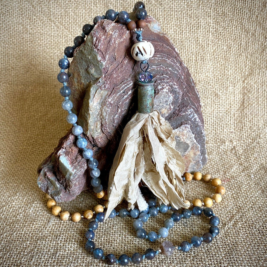 Mala with Kyanite, Labradorite, Palo Santo Beads, Sari Silk Tassel