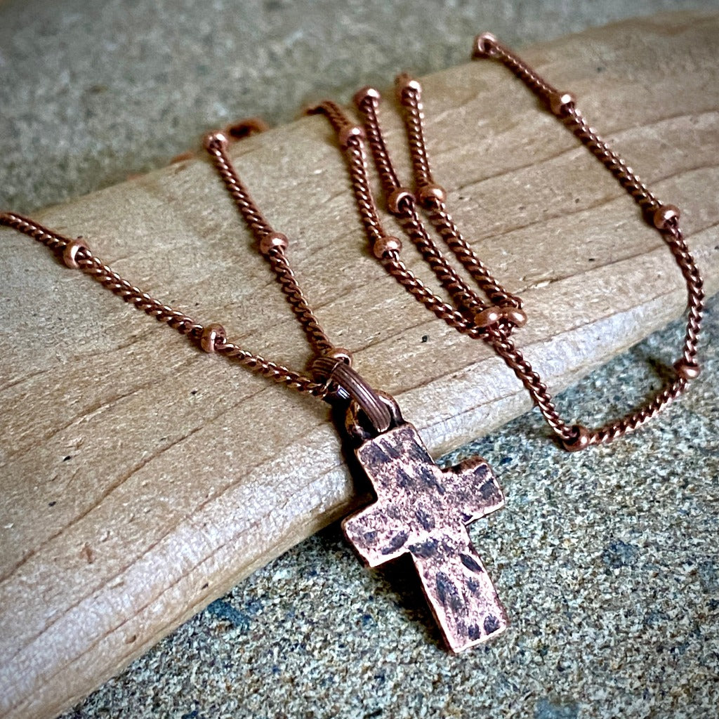 Tiny Hammered Antiqued Copper Cross Necklace on Satellite Chain