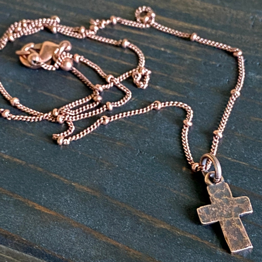 Tiny Hammered Antiqued Copper Cross Necklace on Satellite Chain