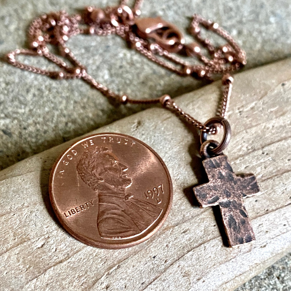 Tiny Hammered Antiqued Copper Cross Necklace on Satellite Chain