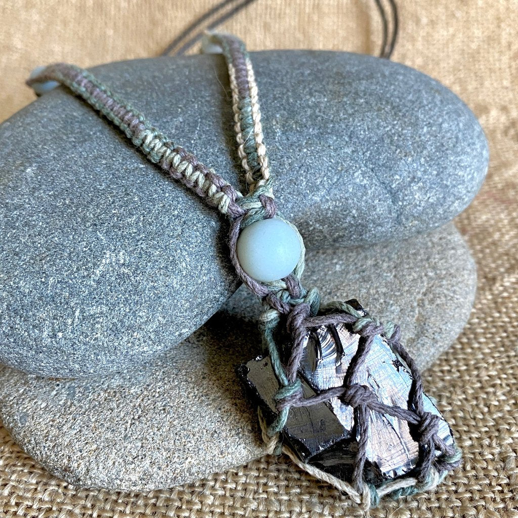 Elite Shungite & Amazonite Necklace with Mixed Hemp, Leather, & Brass