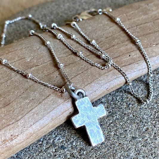 Tiny Hammered Antiqued Silver Cross Necklace on Satellite Chain