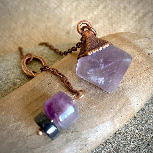 Large Purple Fluorite Tetrahedron Pendulum with Shungite & Copper