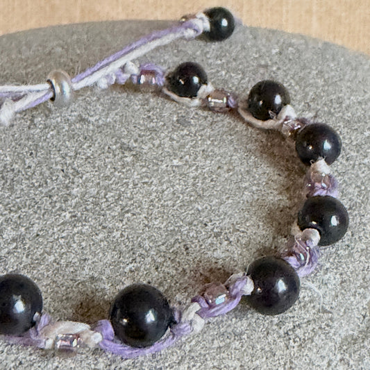 Lavender Hemp & Linen Bracelet with Shungite & Shimmery Lavender Beads closeup