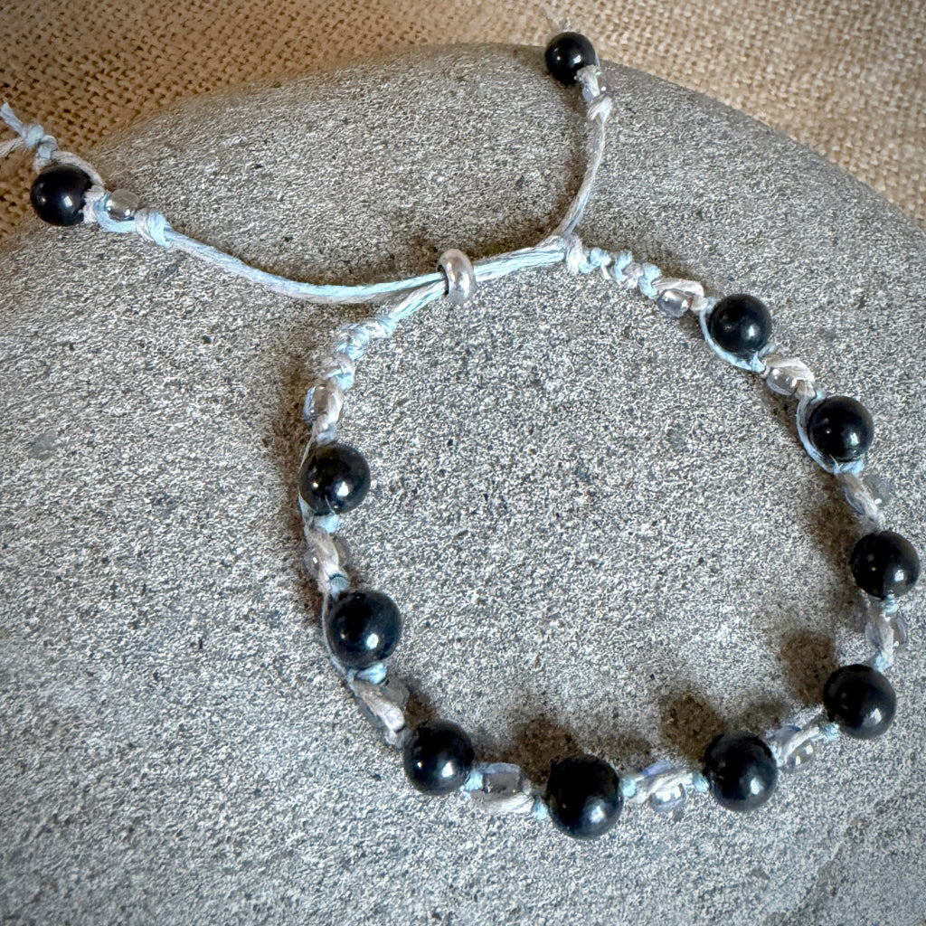 Light Blue Beaded Hemp & Linen Bracelet | Hint of Silver Sparkle