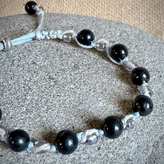 Light Blue Beaded Hemp & Linen Bracelet | Hint of Silver Sparkle closeup
