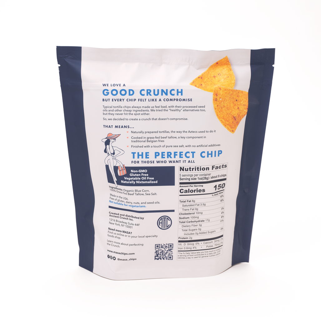 Back view of a tortilla chip package with text and nutritional information on a white background