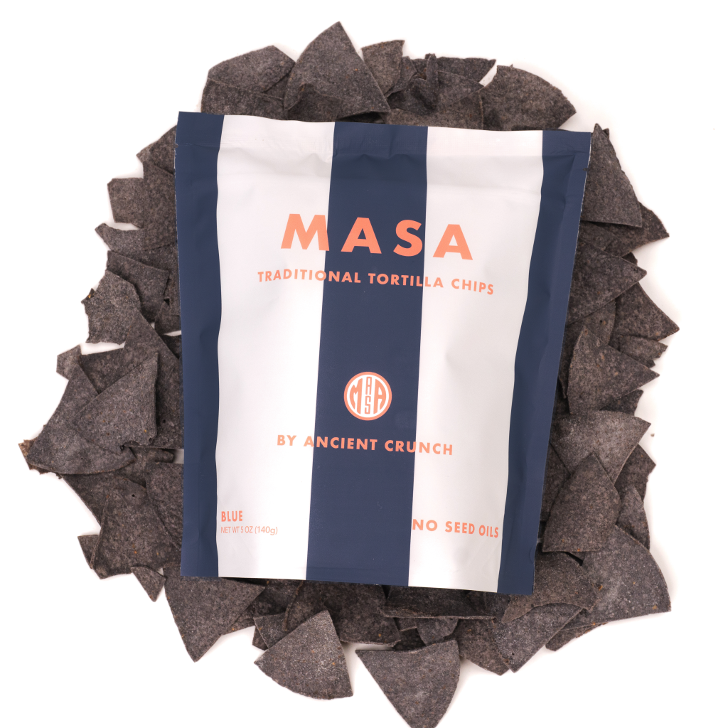 Masa traditional tortilla chips with packaging on a white background