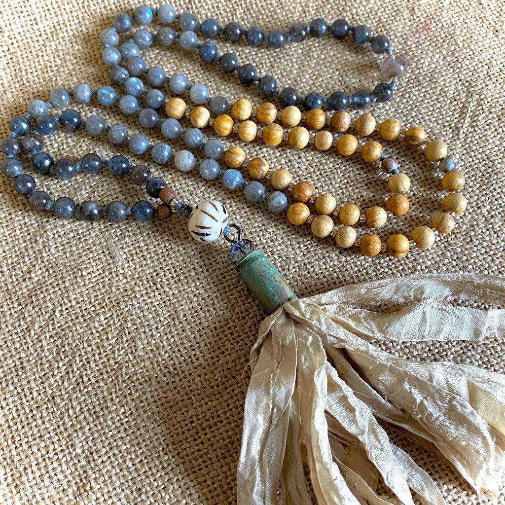 Mala with Kyanite, Labradorite, Palo Santo Beads, Sari Silk Tassel