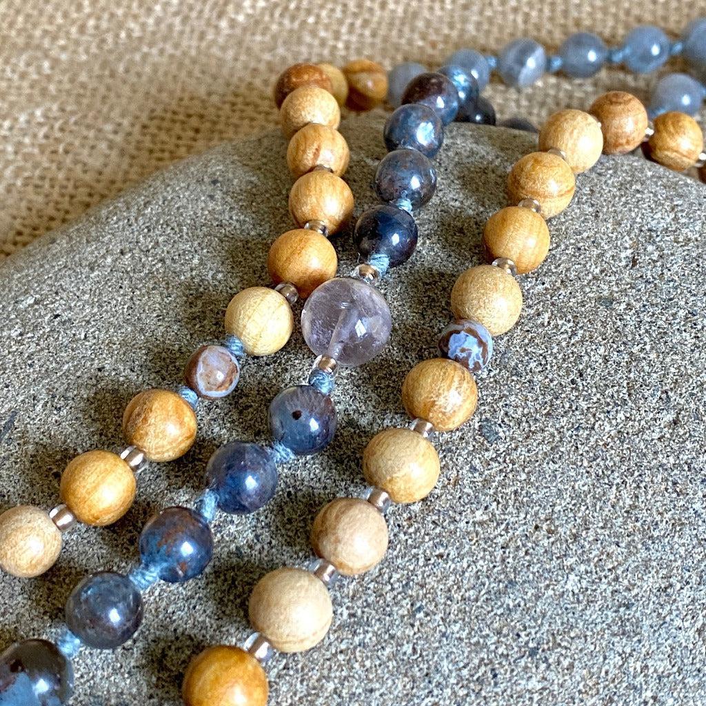 Mala with Kyanite, Labradorite, Palo Santo Beads, Sari Silk Tassel