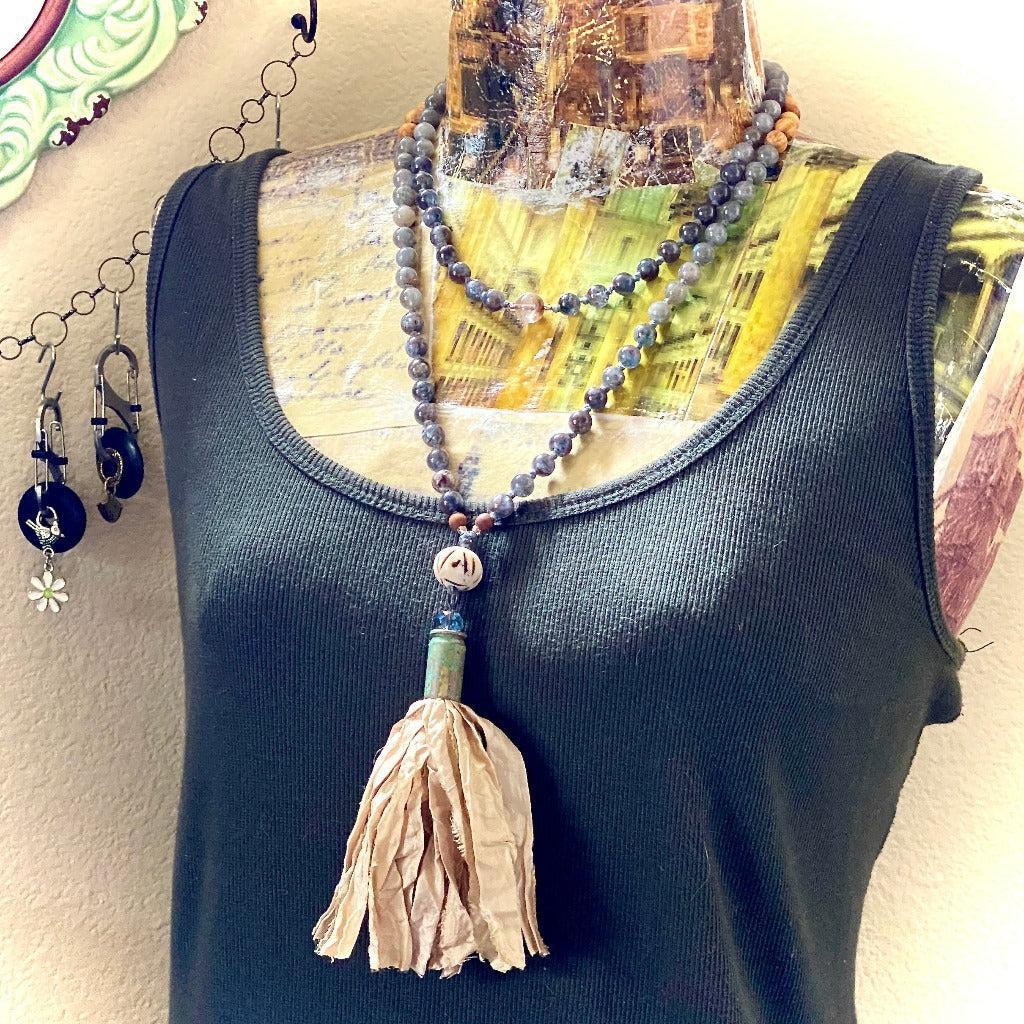 Mala with Kyanite, Labradorite, Palo Santo Beads, Sari Silk Tassel