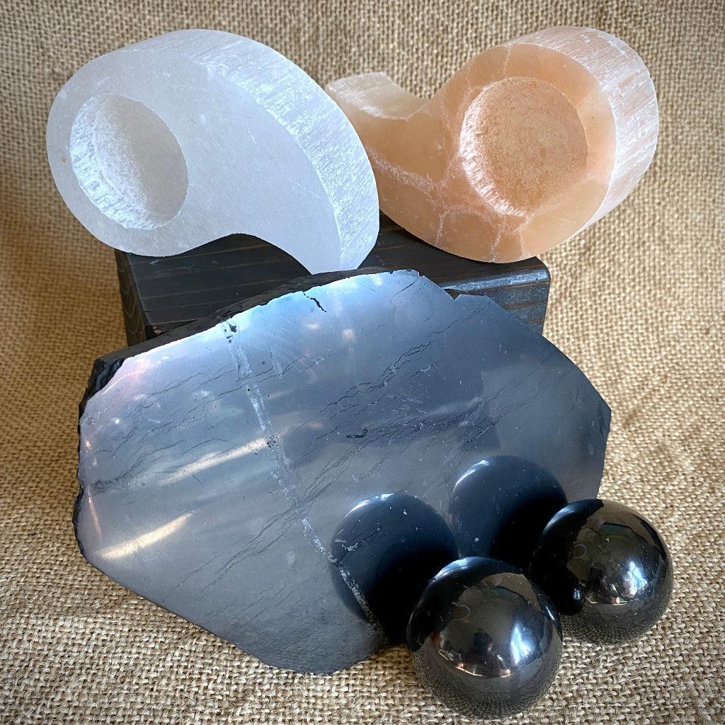 Orange & White Selenite Yin Yang with 2 Shungite Spheres