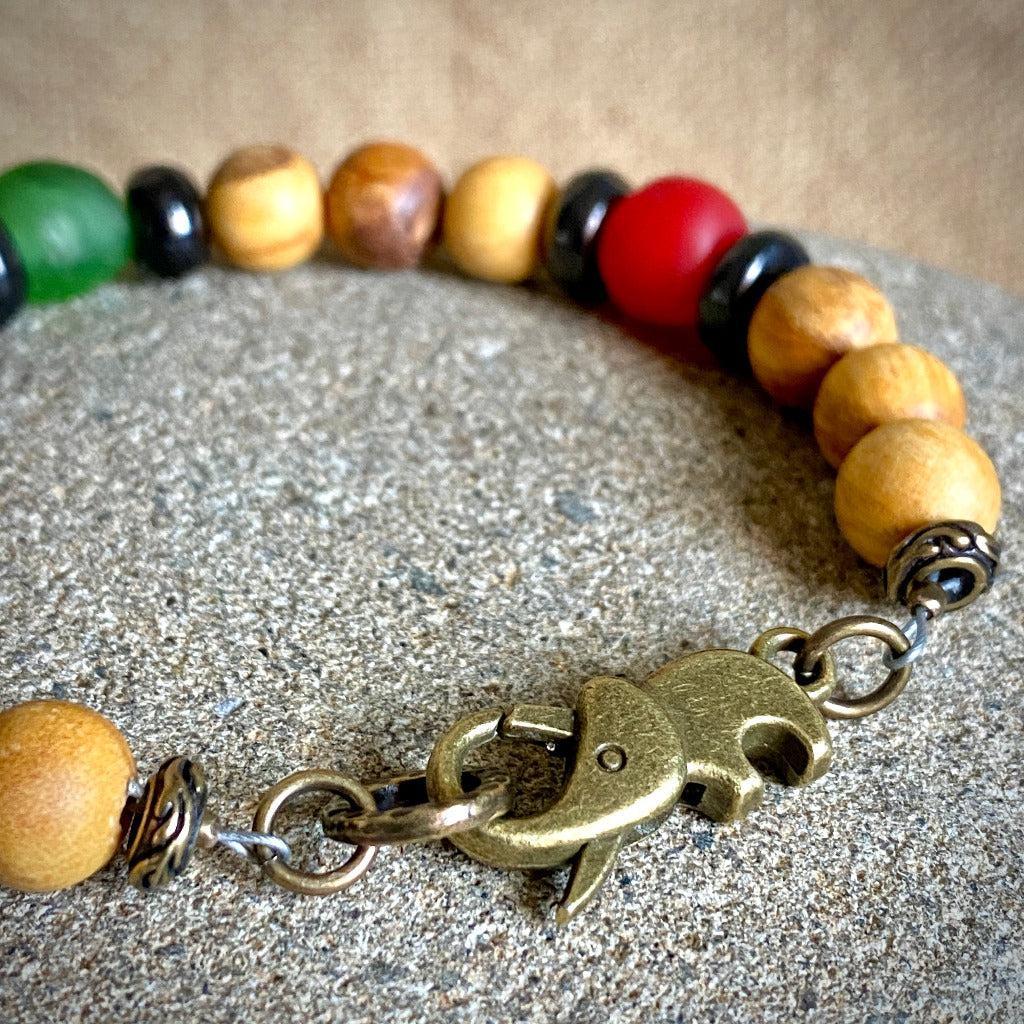 Palo Santo Bracelet, Shungite, African Glass, Brass Elephant Clasp