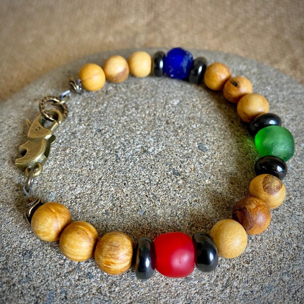 Palo Santo Bracelet, Shungite, African Glass, Brass Elephant Clasp