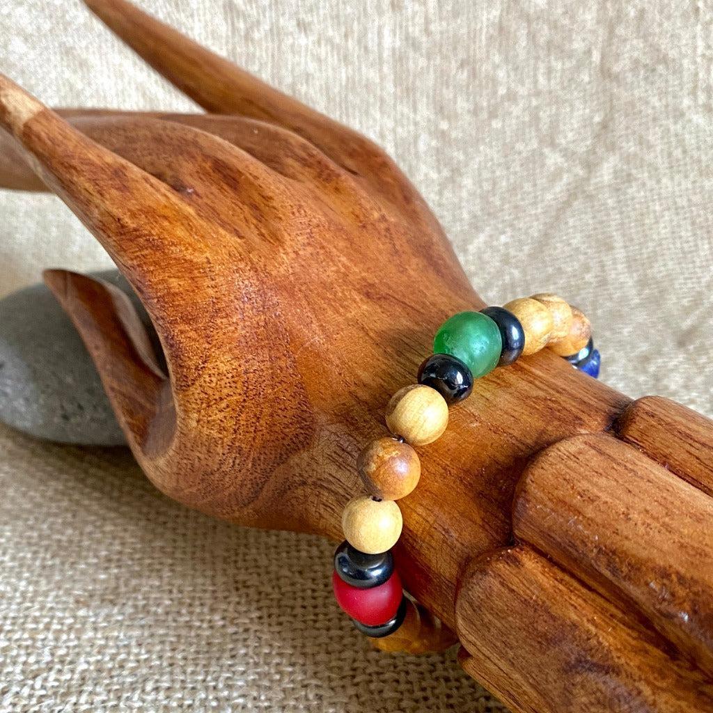 Palo Santo Bracelet, Shungite, African Glass, Brass Elephant Clasp