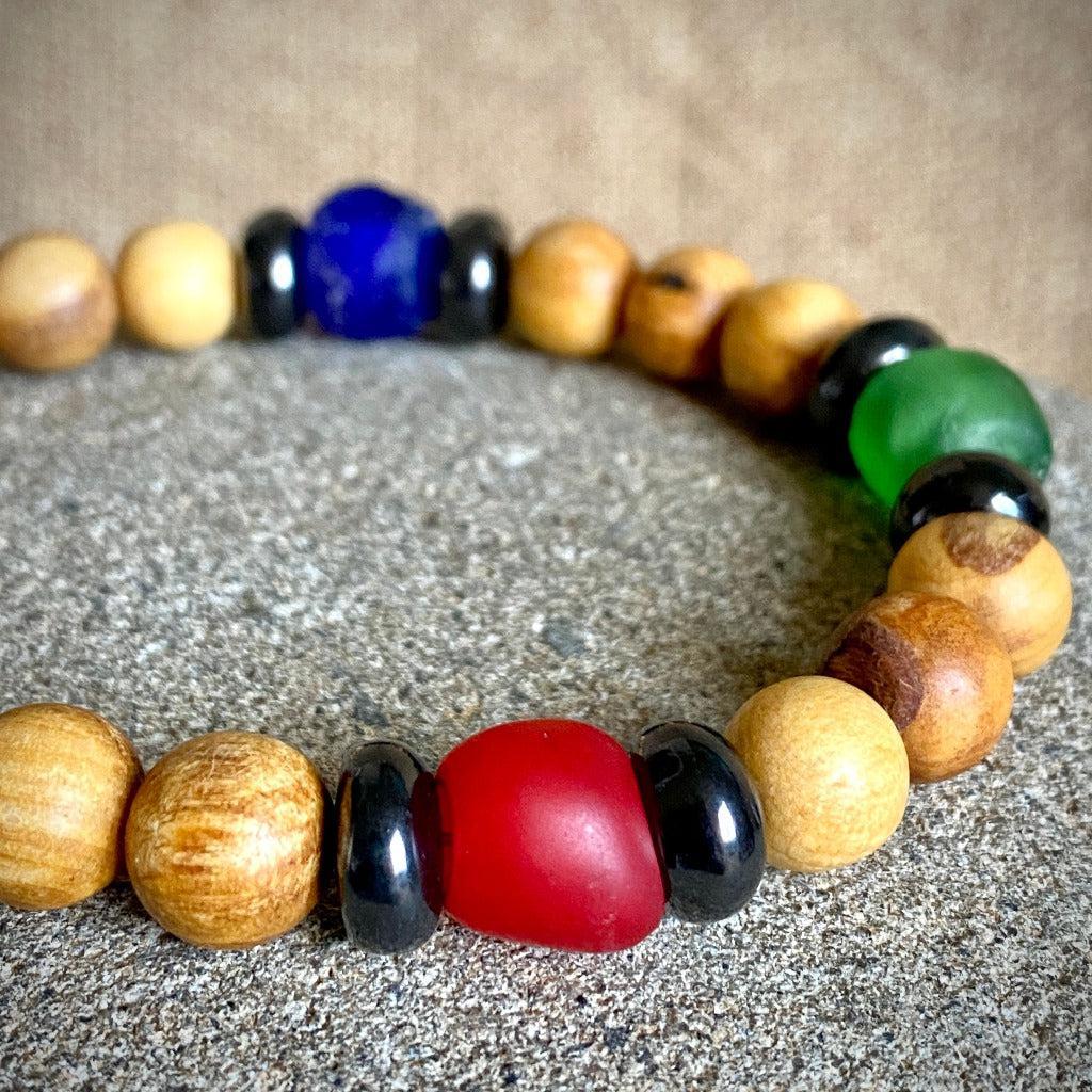 Palo Santo Bracelet, Shungite, African Glass, Brass Elephant Clasp