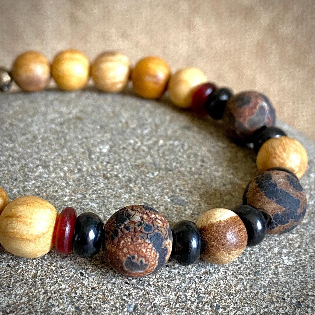 Palo Santo Bracelet, Shungite, Tibetan DZI Agate Rounds, Brass Clasp