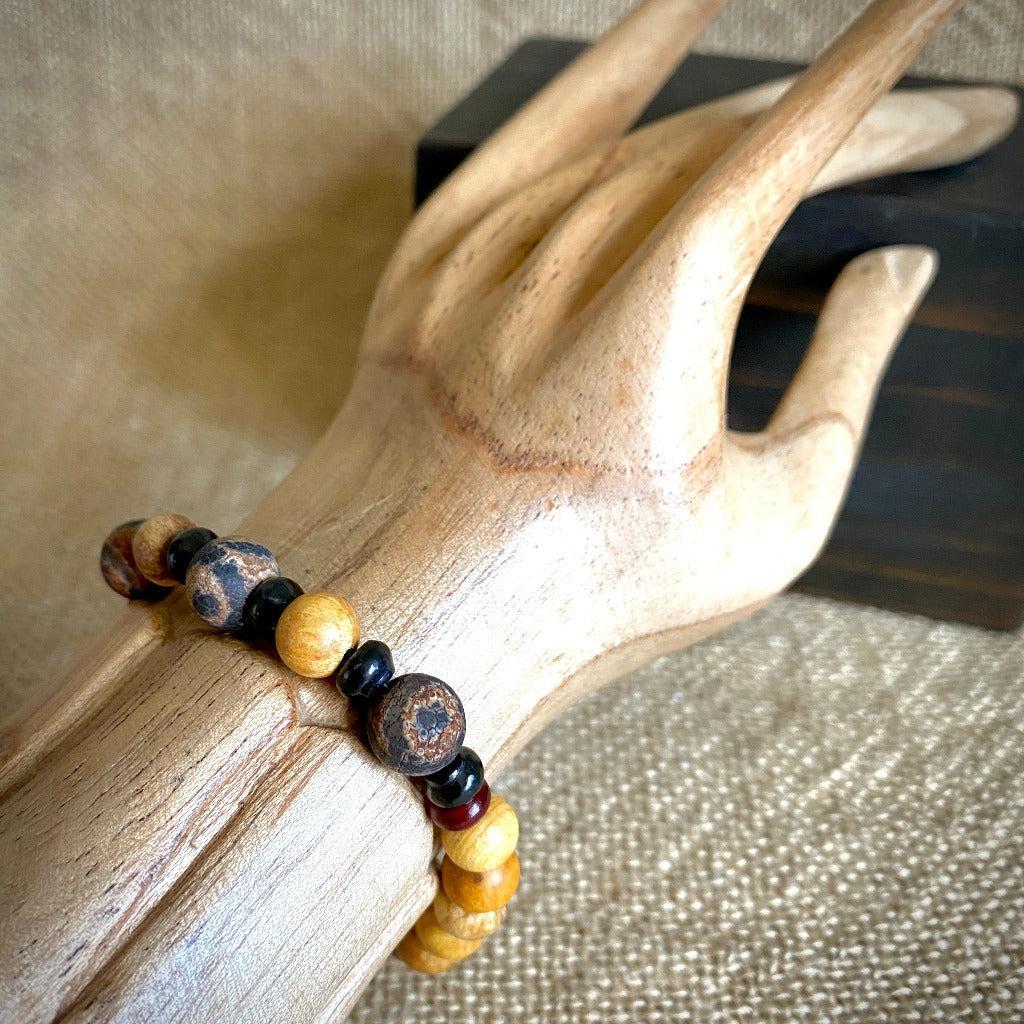 Palo Santo Bracelet, Shungite, Tibetan DZI Agate Rounds, Brass Clasp