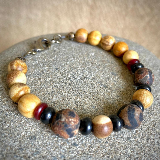 Palo Santo Bracelet, Shungite, Tibetan DZI Agate Rounds, Brass Clasp