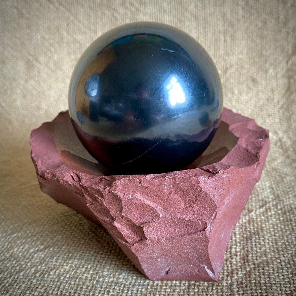 Polished Shungite Sphere 3 Inch in Fabulous Red Jasper Bowl