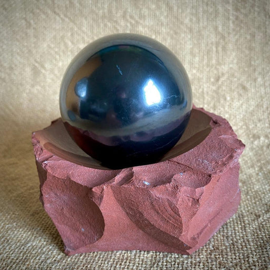 Polished Shungite Sphere 3 Inch in Fabulous Red Jasper Bowl