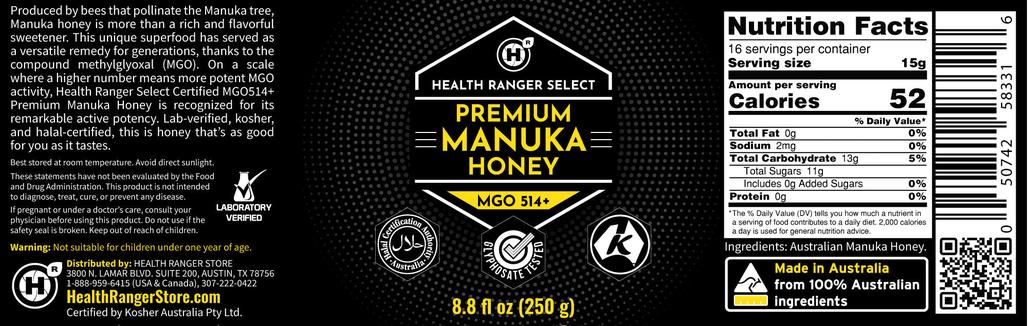 Premium Manuka Honey | MGO 514+ (15+ NPA) | 8.8 fl oz (250g)