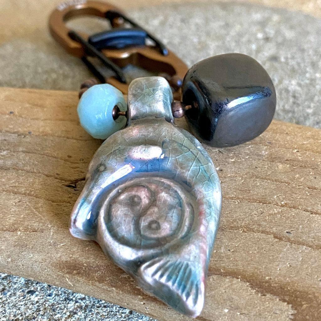 Raku Dolphin Yin Yang Bead, Amazonite Bead & Shungite Cube Clip-On