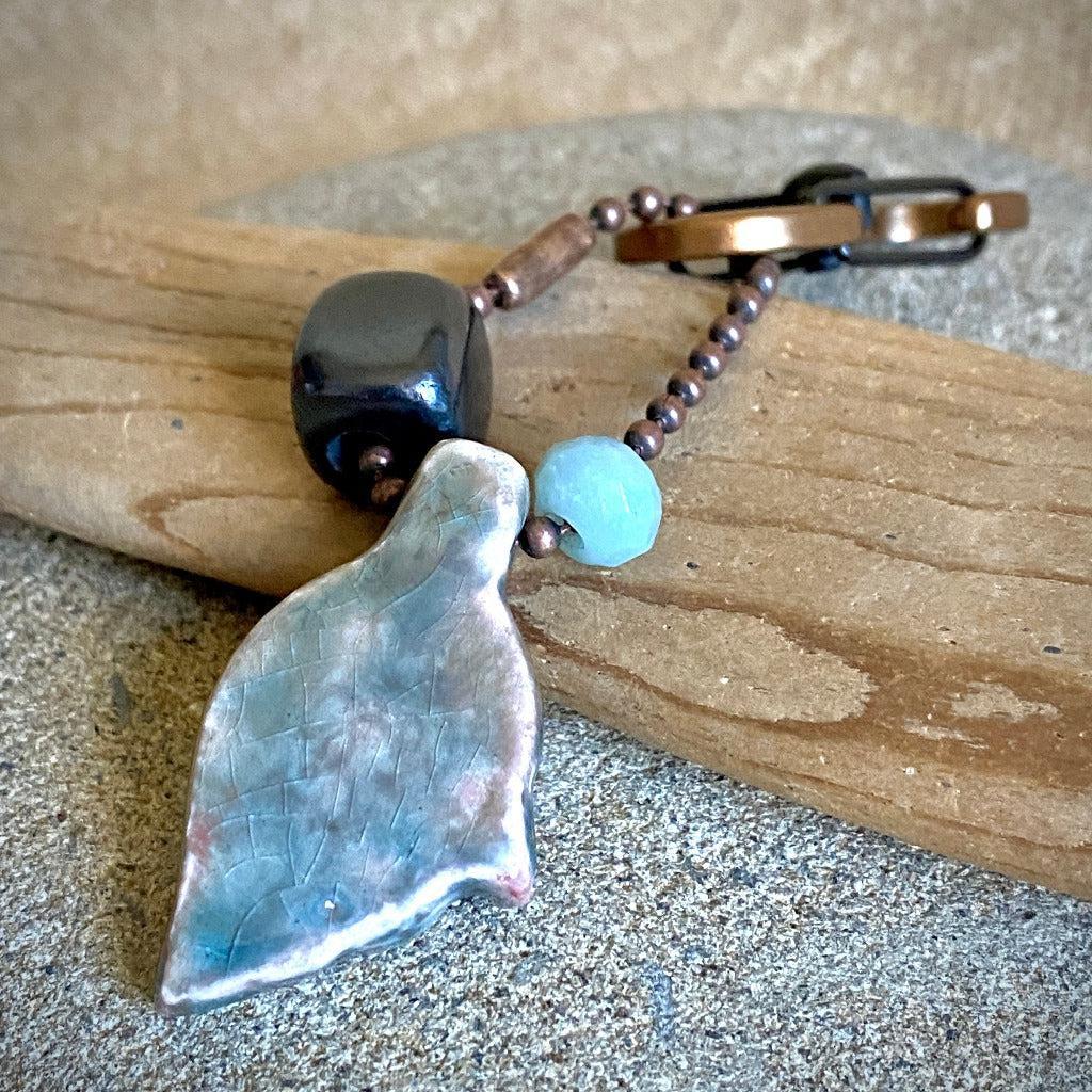 Raku Dolphin Yin Yang Bead, Amazonite Bead & Shungite Cube Clip-On