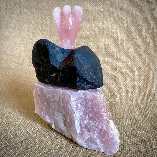 Rose Quartz Angel on Raw Rose Quartz River Tumbled Shungite Stack