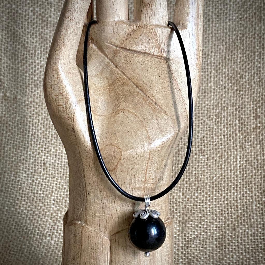 Round Shungite Bead Dangle Necklace with Sterling Silver and Black Leather