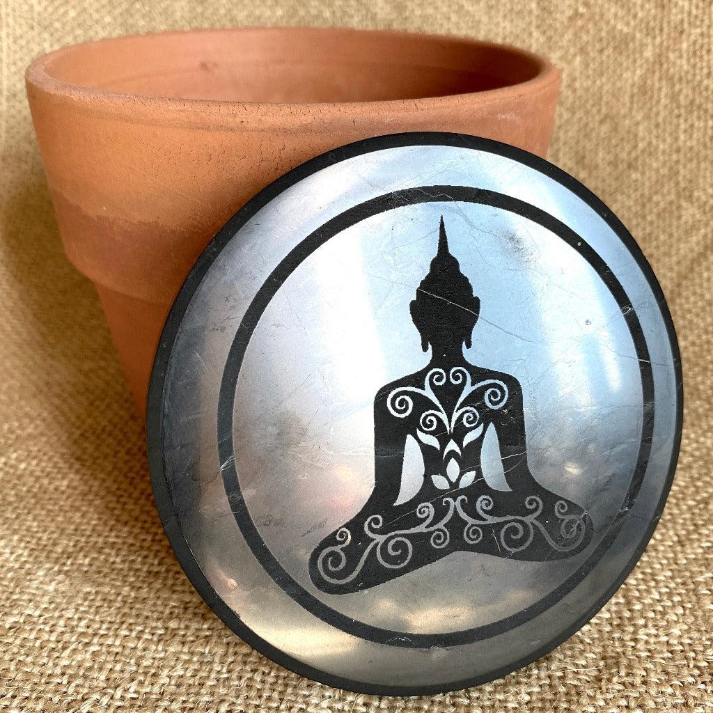 Round Shungite Tile with Decorative Buddha Etching