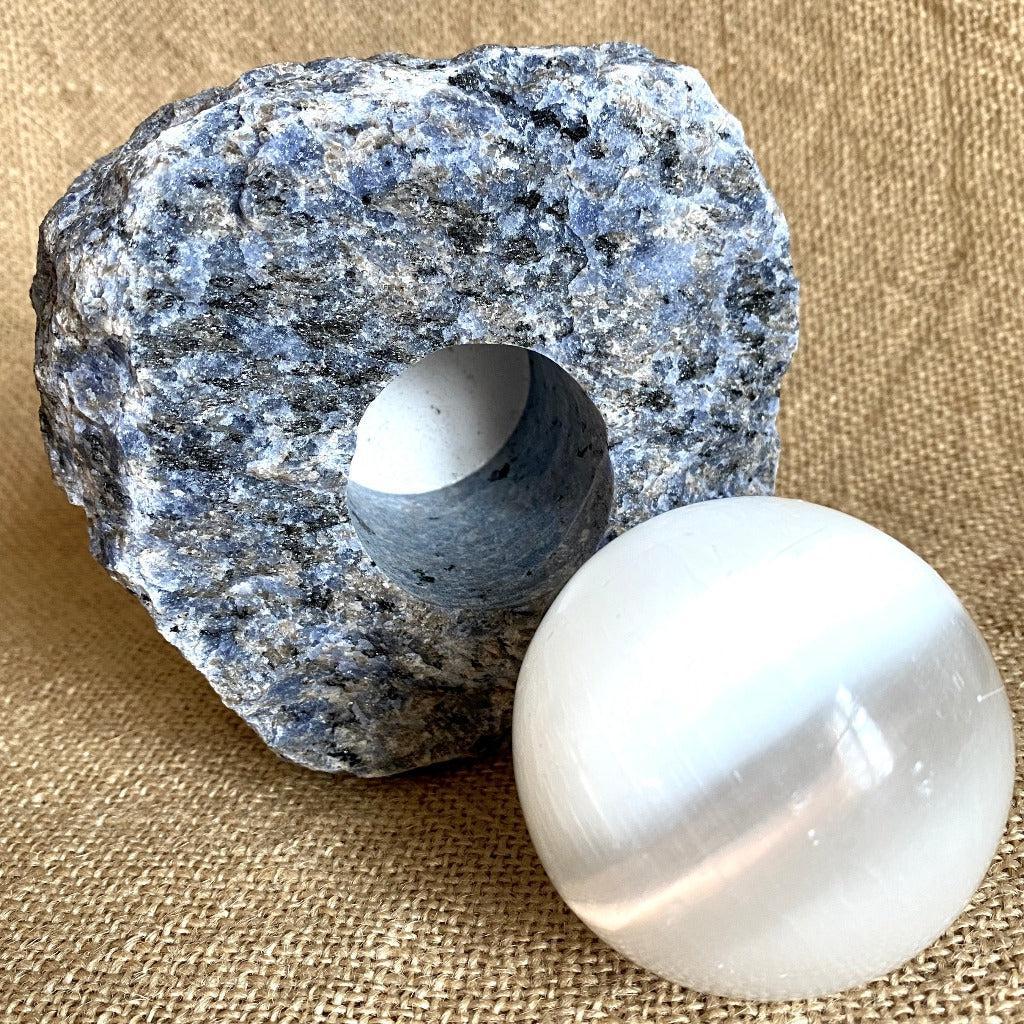 Selenite Sphere & Rough Sodalite Block on Polished Black Shungite Stand