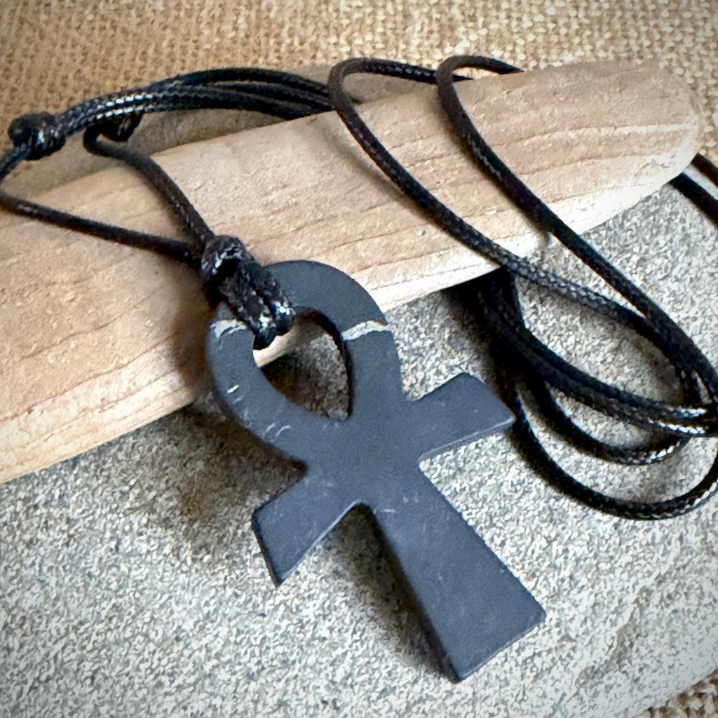Shungite Ankh Cross Pendant | Key of Life| Double Slider Necklace