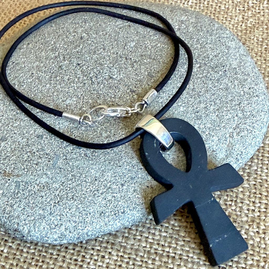 Shungite Ankh Necklace | With Sterling Silver Bail & Dolphin Clasp