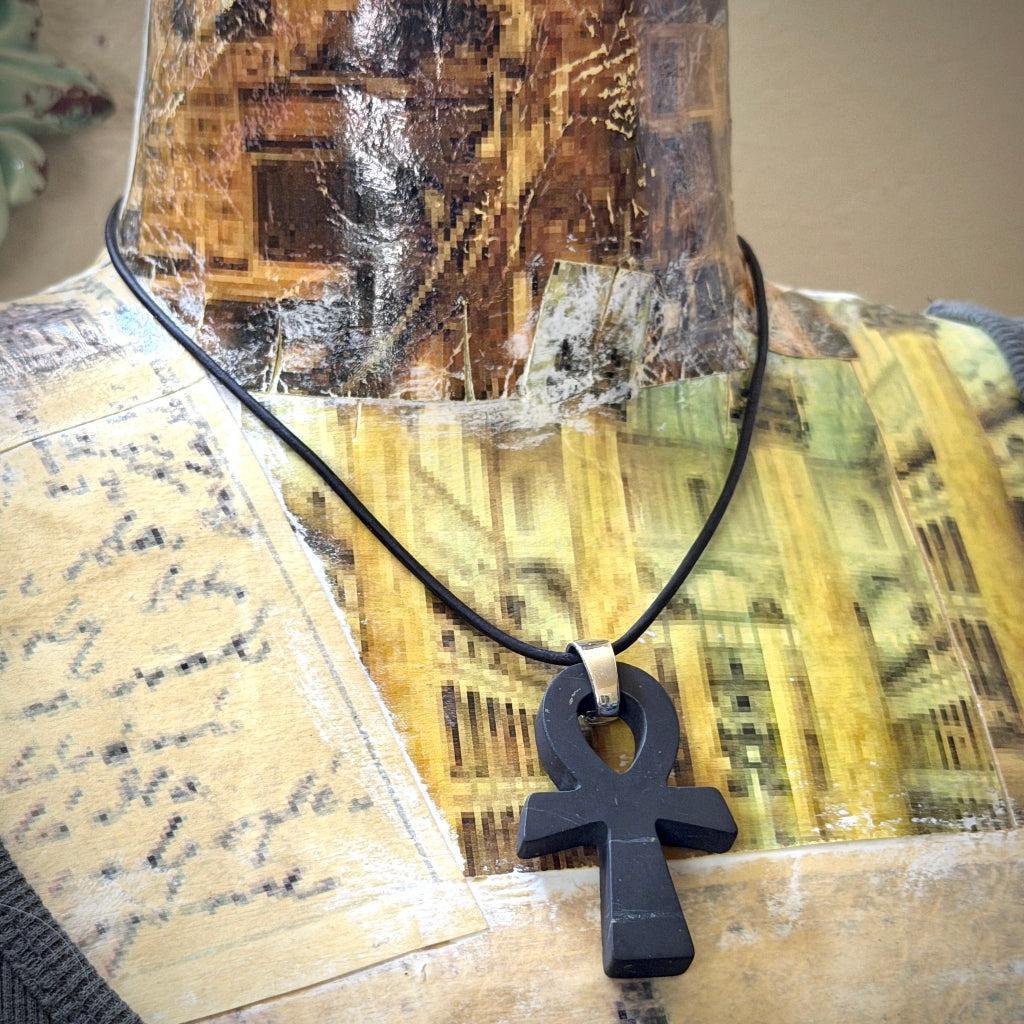 Shungite Ankh Necklace | With Sterling Silver Bail & Dolphin Clasp