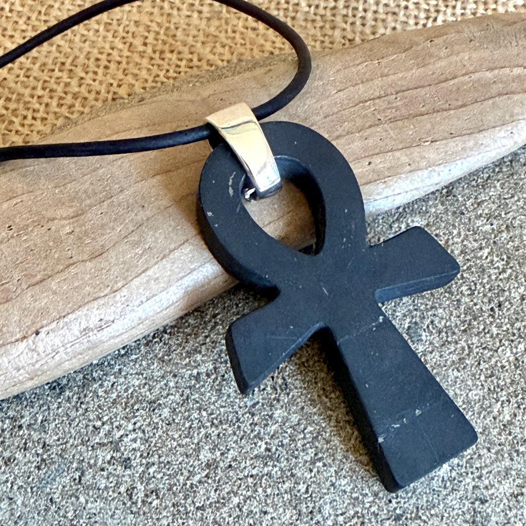 Shungite Ankh Necklace | With Sterling Silver Bail & Dolphin Clasp