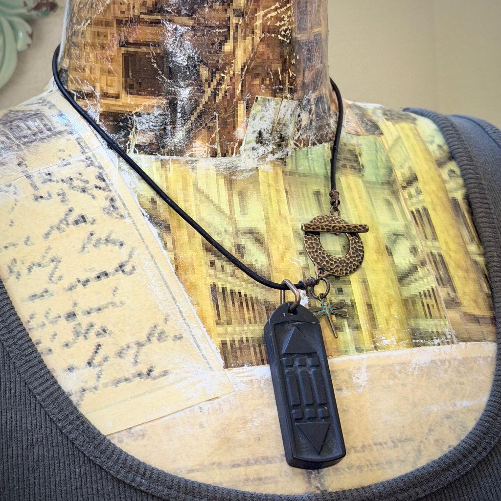 Shungite Atlantis Necklace | Engraved Both Sides, Brass, Dragonfly