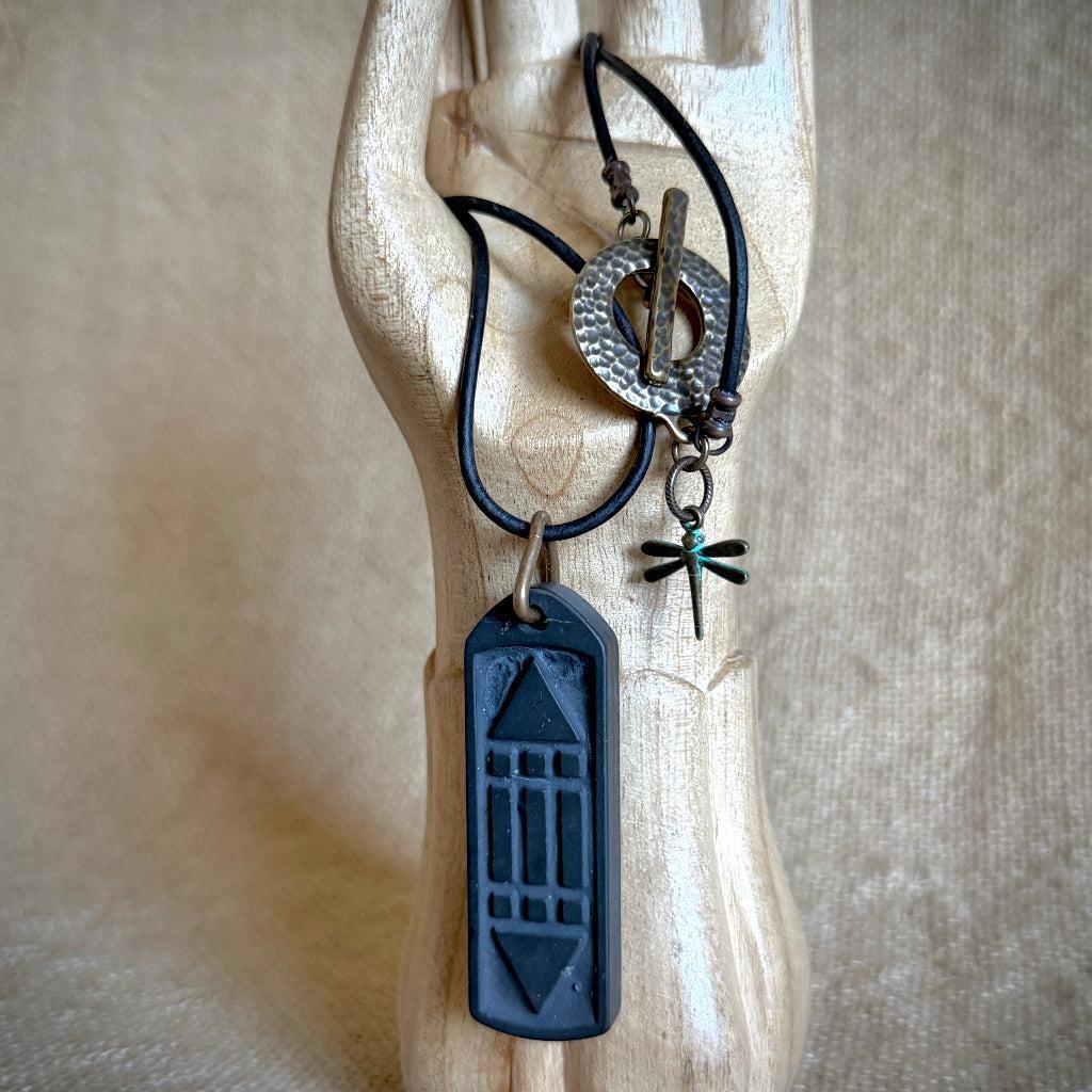 Shungite Atlantis Necklace | Engraved Both Sides, Brass, Dragonfly