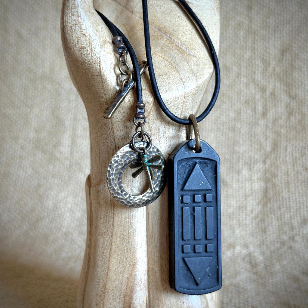 Shungite Atlantis Necklace | Engraved Both Sides, Brass, Dragonfly