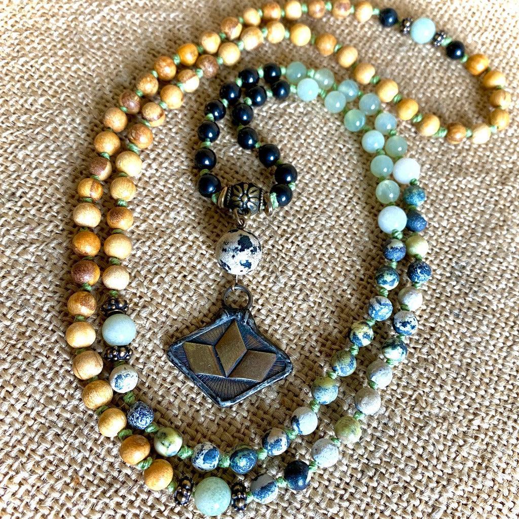 Shungite Bead Mala with Aventurine, Dalmatian Stone, Palo Santo Wood