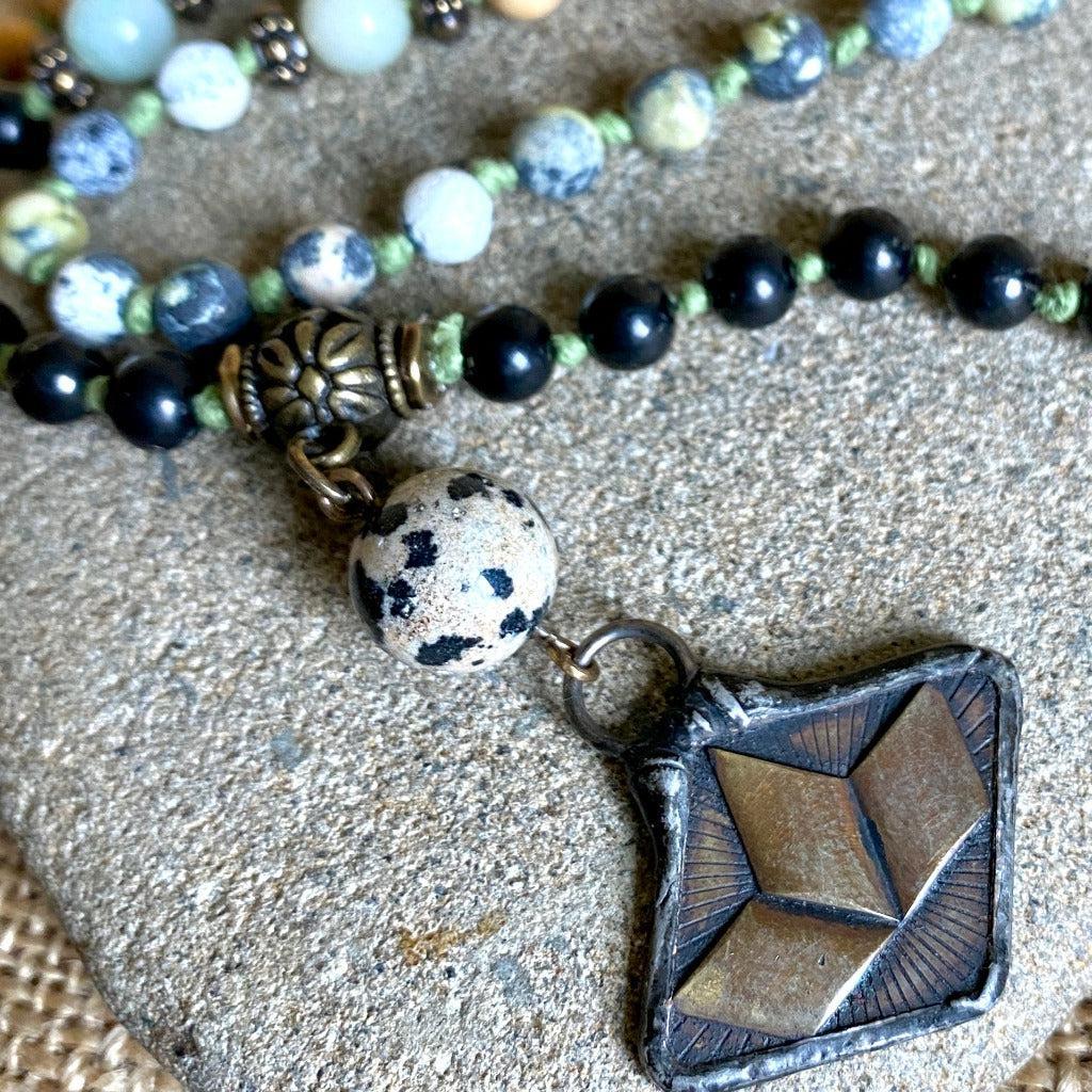 Shungite Bead Mala with Aventurine, Dalmatian Stone, Palo Santo Wood