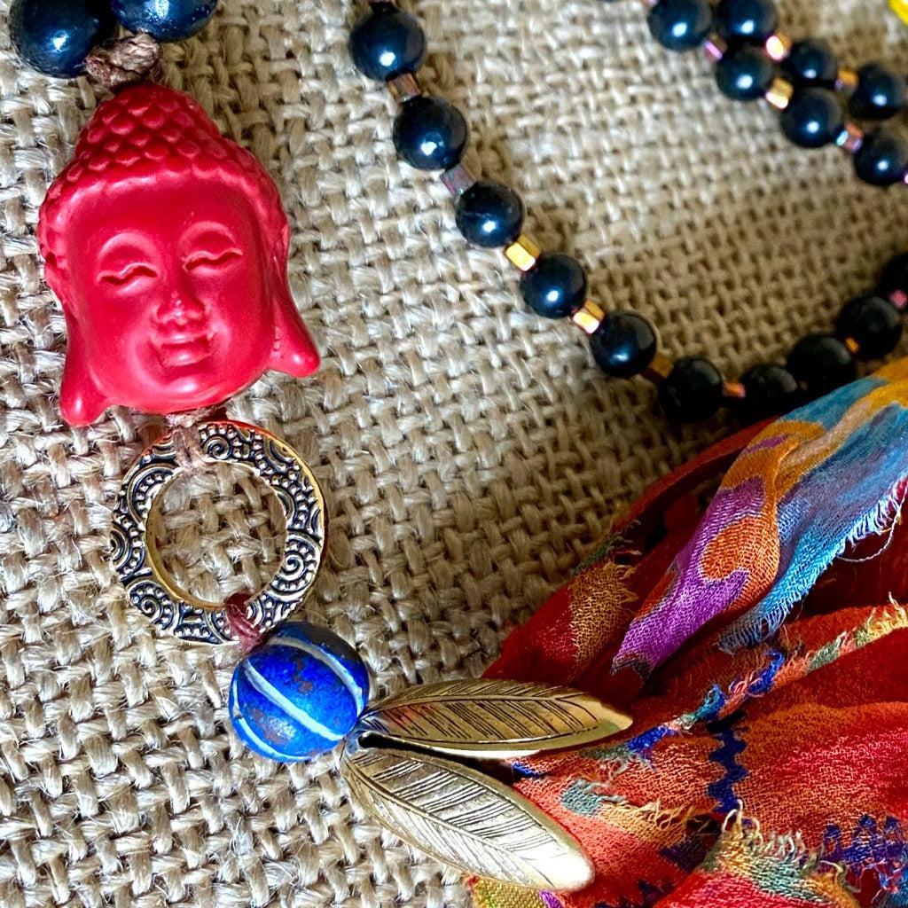 Shungite Bead Mala with Red Cinnabar Buddha Bead and Tassel