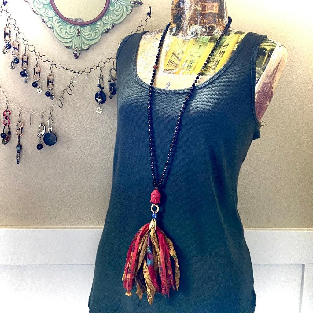 Shungite Bead Mala with Red Cinnabar Buddha Bead and Tassel