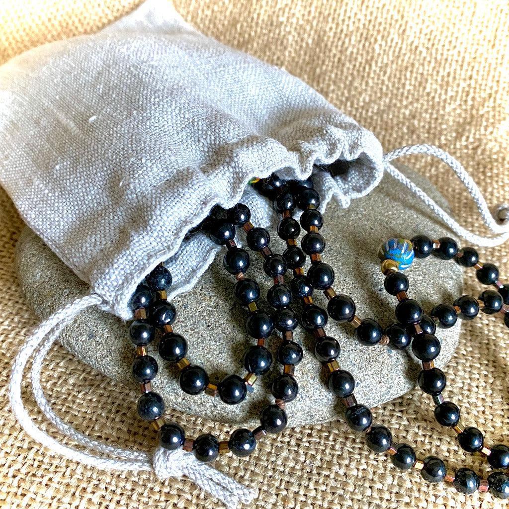 Shungite Bead Mala with Red Cinnabar Buddha Bead and Tassel