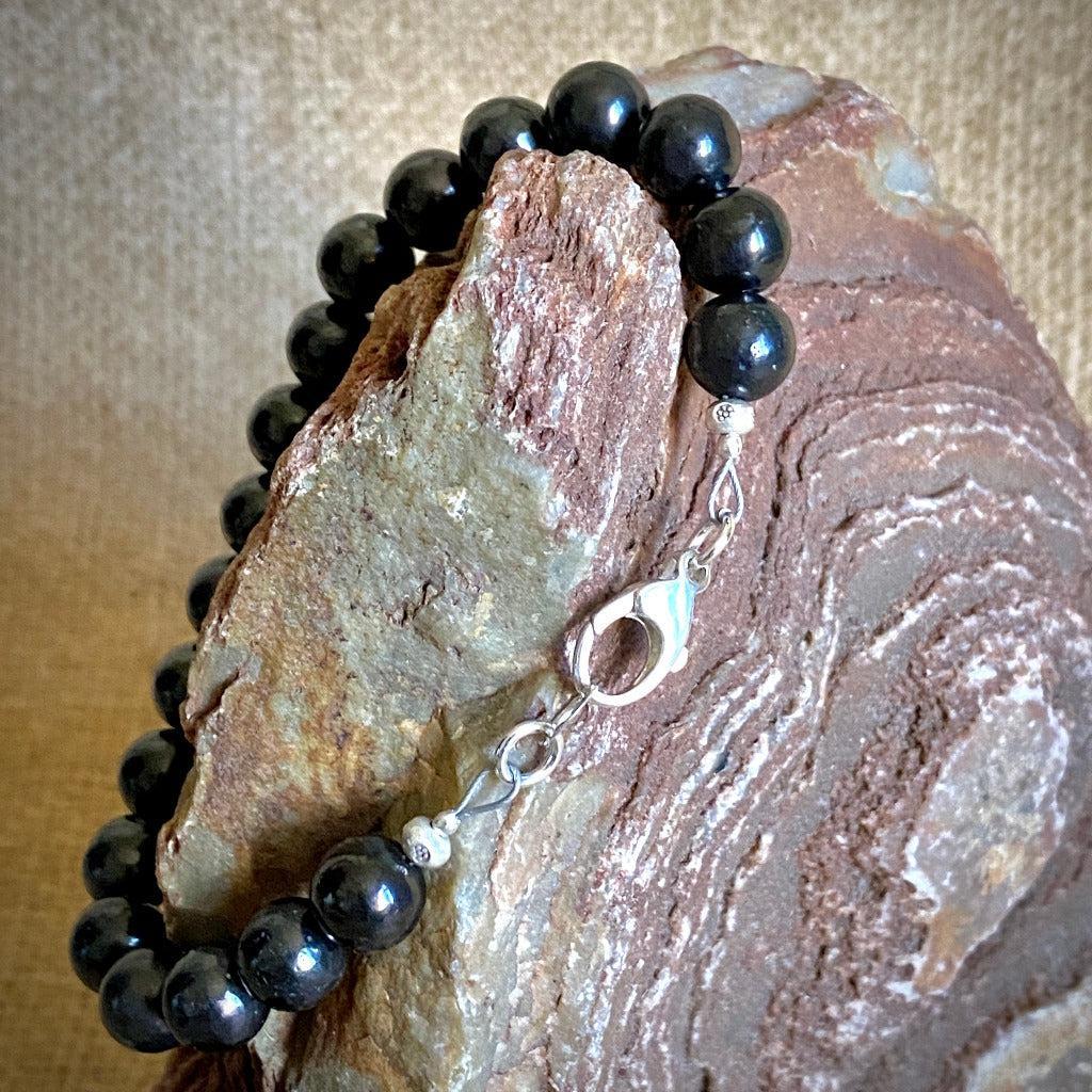 Shungite Bracelet, 8mm Round Beads, Sterling Silver Clasp