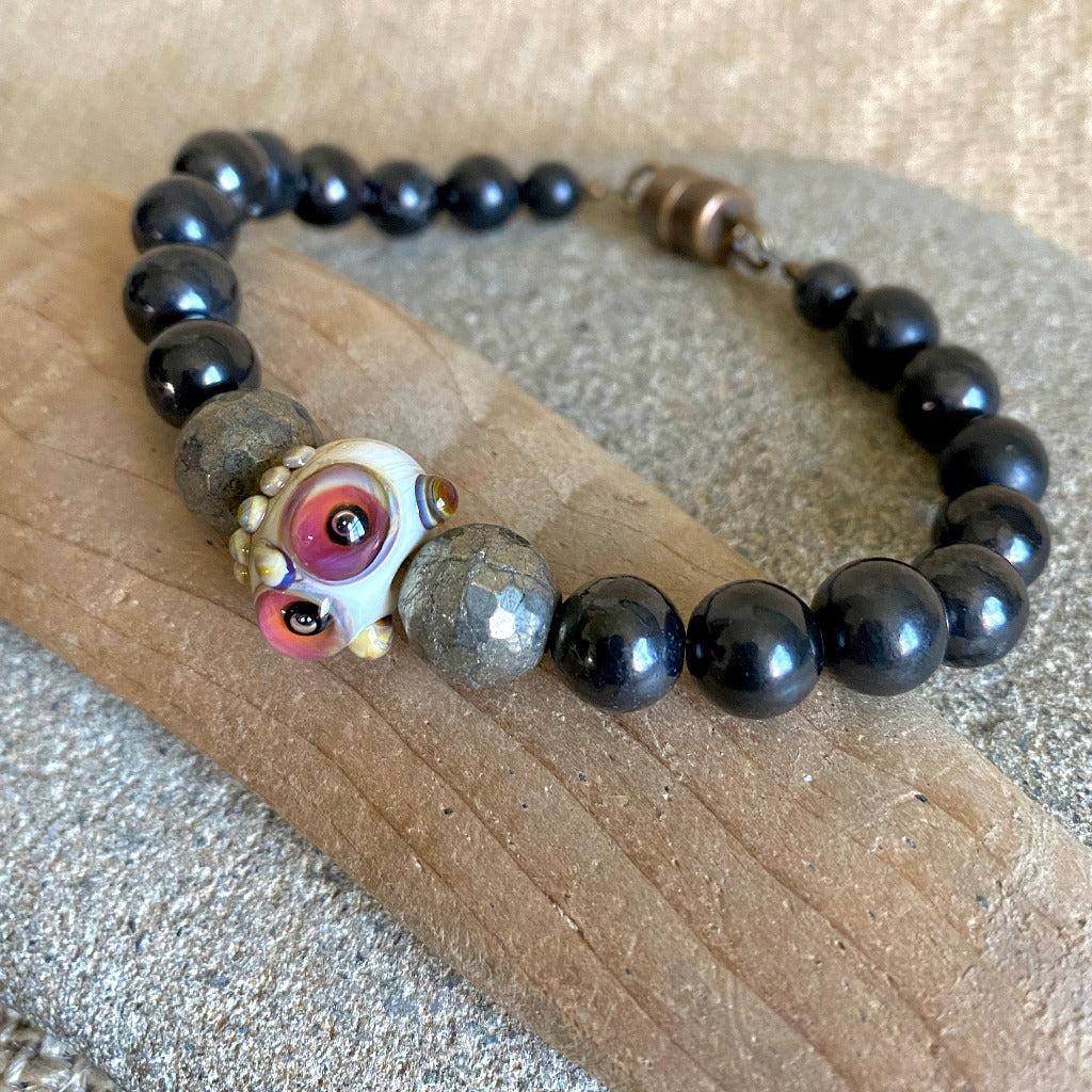 Shungite Bracelet, Owl Lampwork Glass Focal, Faceted Pyrite Beads