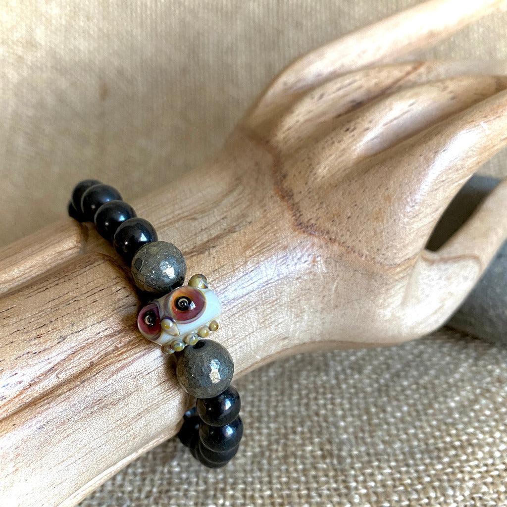 Shungite Bracelet, Owl Lampwork Glass Focal, Faceted Pyrite Beads