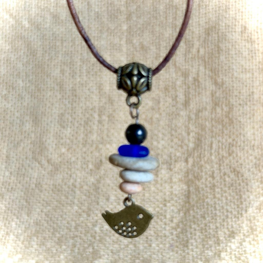 Shungite Cairn Pendant Necklace | With Brass Bird Charm